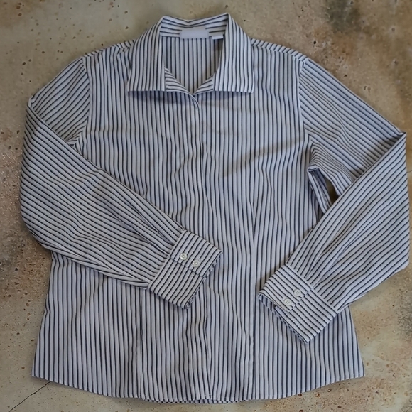 Chico's | Grey and White Striped Button Down Shirt Hidden Button Size 1 - Picture 1 of 10